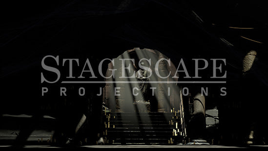 Capulet Tomb Chamber static scenic projection backdrop for Romeo & Juliet and & Juliet — gothic stone tomb with dramatic lighting states. Hand-crafted by StageScape Projections.