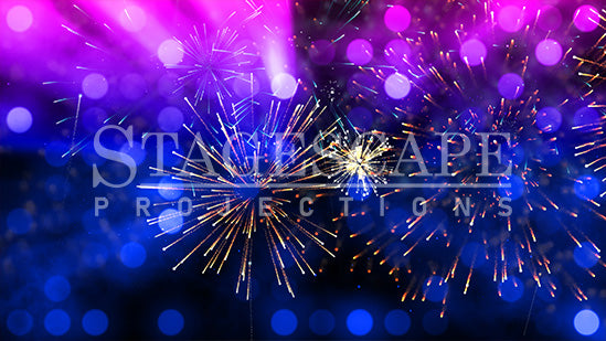 Luminous Light Wall scenic projection backdrop for theatre and dance productions - pulsing bokeh lights with cascading fireworks and colour-shifting celebration effects. StageScape Projections.
