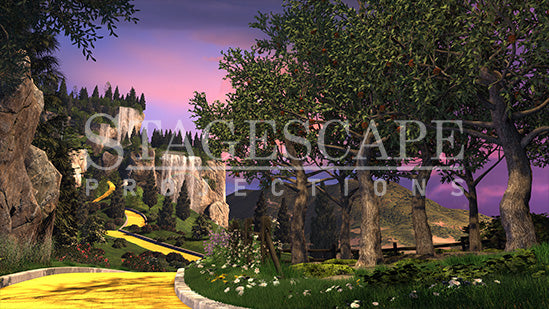 Apple Orchard in Oz scenic projection backdrop for The Wizard of Oz - sunlit apple orchard beside the Yellow Brick Road with waterfall cliffs in the distance. StageScape Projections.
