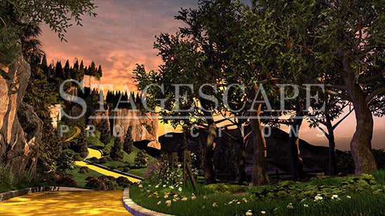 Apple Orchard in Oz scenic projection backdrop for The Wizard of Oz - sunlit apple orchard beside the Yellow Brick Road with waterfall cliffs in the distance. StageScape Projections.