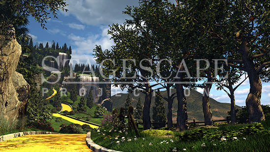 Apple Orchard in Oz scenic projection backdrop for The Wizard of Oz - sunlit apple orchard beside the Yellow Brick Road with waterfall cliffs in the distance. StageScape Projections.