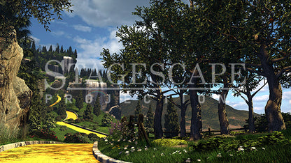Apple Orchard in Oz scenic projection backdrop for The Wizard of Oz - sunlit apple orchard beside the Yellow Brick Road with waterfall cliffs in the distance. StageScape Projections.