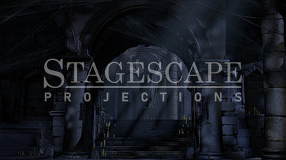 Capulet Tomb Chamber static scenic projection backdrop for Romeo & Juliet and & Juliet — gothic stone tomb with dramatic lighting states. Hand-crafted by StageScape Projections.