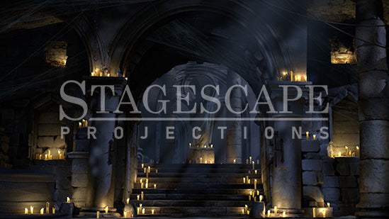 Capulet Tomb Chamber static scenic projection backdrop for Romeo & Juliet and & Juliet — gothic stone tomb with dramatic lighting states. Hand-crafted by StageScape Projections.