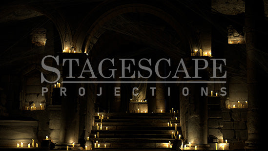 Capulet Tomb Chamber static scenic projection backdrop for Romeo & Juliet and & Juliet — gothic stone tomb with dramatic lighting states. Hand-crafted by StageScape Projections.