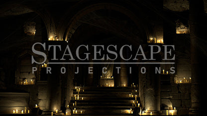 Capulet Tomb Chamber static scenic projection backdrop for Romeo & Juliet and & Juliet — gothic stone tomb with dramatic lighting states. Hand-crafted by StageScape Projections.