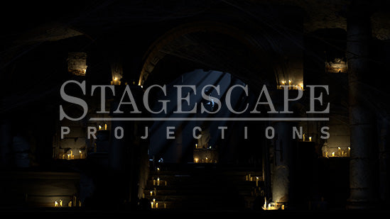Capulet Tomb Chamber static scenic projection backdrop for Romeo & Juliet and & Juliet — gothic stone tomb with dramatic lighting states. Hand-crafted by StageScape Projections.