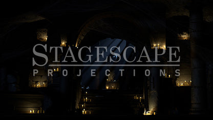 Capulet Tomb Chamber static scenic projection backdrop for Romeo & Juliet and & Juliet — gothic stone tomb with dramatic lighting states. Hand-crafted by StageScape Projections.