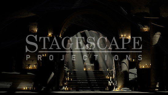 Capulet Tomb Chamber static scenic projection backdrop for Romeo & Juliet and & Juliet — gothic stone tomb with dramatic lighting states. Hand-crafted by StageScape Projections.