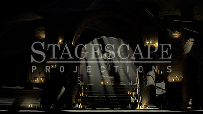 Capulet Tomb Chamber static scenic projection backdrop for Romeo & Juliet and & Juliet — gothic stone tomb with dramatic lighting states. Hand-crafted by StageScape Projections.
