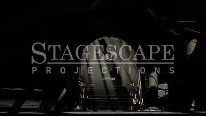 Capulet Tomb Chamber static scenic projection backdrop for Romeo & Juliet and & Juliet — gothic stone tomb with dramatic lighting states. Hand-crafted by StageScape Projections.