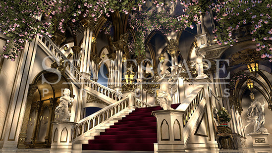 Castle Grand Staircase Restored static scenic projection backdrop for Beauty and the Beast - grand baroque staircase bathed in warm golden light after the curse breaks. Multiple lighting states. Hand-crafted by StageScape Projections.