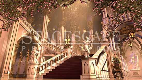 Castle Grand Staircase Restored static scenic projection backdrop for Beauty and the Beast - grand baroque staircase bathed in warm golden light after the curse breaks. Multiple lighting states. Hand-crafted by StageScape Projections.