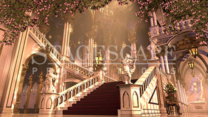 Castle Grand Staircase Restored static scenic projection backdrop for Beauty and the Beast - grand baroque staircase bathed in warm golden light after the curse breaks. Multiple lighting states. Hand-crafted by StageScape Projections.