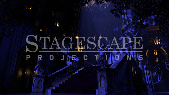 Castle Grand Staircase Restored static scenic projection backdrop for Beauty and the Beast - grand baroque staircase bathed in warm golden light after the curse breaks. Multiple lighting states. Hand-crafted by StageScape Projections.