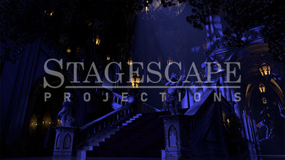 Castle Grand Staircase Restored static scenic projection backdrop for Beauty and the Beast - grand baroque staircase bathed in warm golden light after the curse breaks. Multiple lighting states. Hand-crafted by StageScape Projections.