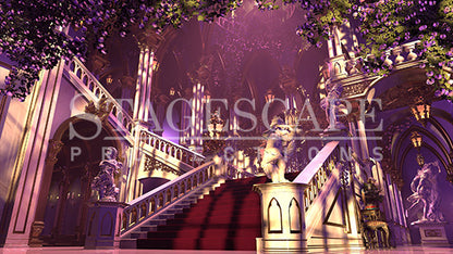 Castle Grand Staircase Restored static scenic projection backdrop for Beauty and the Beast - grand baroque staircase bathed in warm golden light after the curse breaks. Multiple lighting states. Hand-crafted by StageScape Projections.
