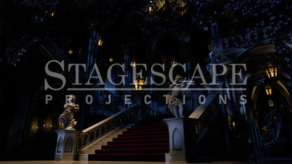 Castle Grand Staircase Restored static scenic projection backdrop for Beauty and the Beast - grand baroque staircase bathed in warm golden light after the curse breaks. Multiple lighting states. Hand-crafted by StageScape Projections.