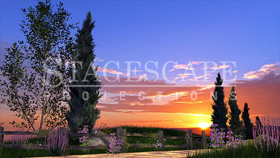 Countryside Road Vista scenic projection backdrop for & Juliet — cypress trees and rustic fencing along a winding European country road. StageScape Projections.