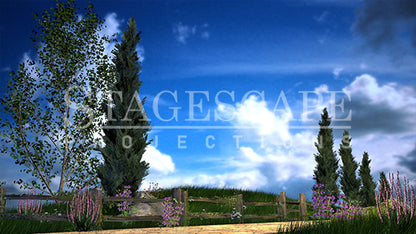 Countryside Road Vista scenic projection backdrop for & Juliet — cypress trees and rustic fencing along a winding European country road. StageScape Projections.