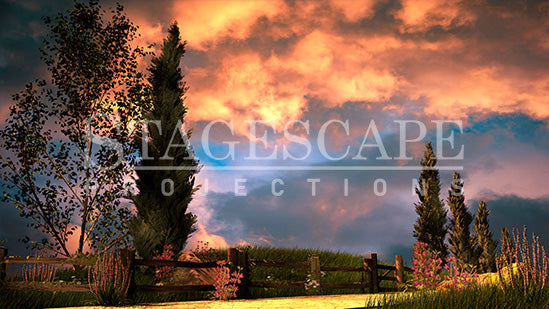 Countryside Road Vista scenic projection backdrop for & Juliet — cypress trees and rustic fencing along a winding European country road. StageScape Projections.