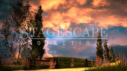 Countryside Road Vista scenic projection backdrop for & Juliet — cypress trees and rustic fencing along a winding European country road. StageScape Projections.