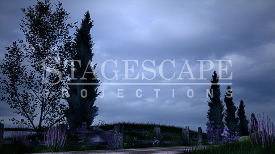 Countryside Road Vista scenic projection backdrop for & Juliet — cypress trees and rustic fencing along a winding European country road. StageScape Projections.