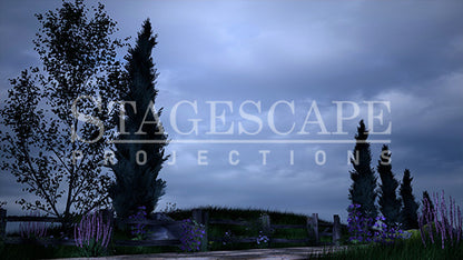 Countryside Road Vista scenic projection backdrop for & Juliet — cypress trees and rustic fencing along a winding European country road. StageScape Projections.