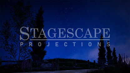 Countryside Road Vista scenic projection backdrop for & Juliet — cypress trees and rustic fencing along a winding European country road. StageScape Projections.