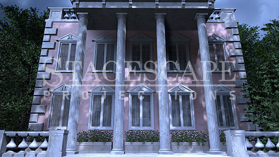 Delta Nu Sorority House static scenic projection backdrop for Legally Blonde -vibrant pink sorority house interior with multiple lighting states. Hand-crafted by StageScape Projections.