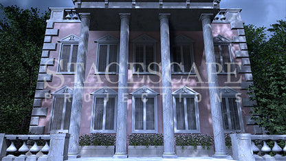 Delta Nu Sorority House static scenic projection backdrop for Legally Blonde -vibrant pink sorority house interior with multiple lighting states. Hand-crafted by StageScape Projections.