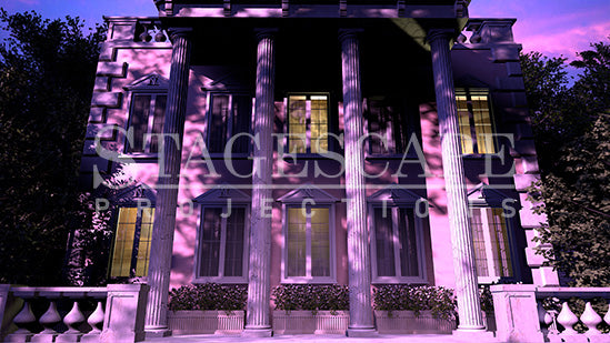 Delta Nu Sorority House static scenic projection backdrop for Legally Blonde -vibrant pink sorority house interior with multiple lighting states. Hand-crafted by StageScape Projections.
