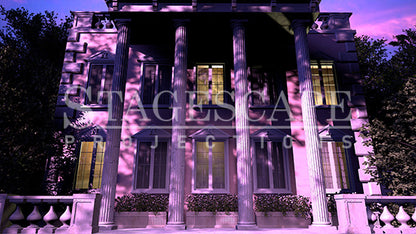 Delta Nu Sorority House static scenic projection backdrop for Legally Blonde -vibrant pink sorority house interior with multiple lighting states. Hand-crafted by StageScape Projections.