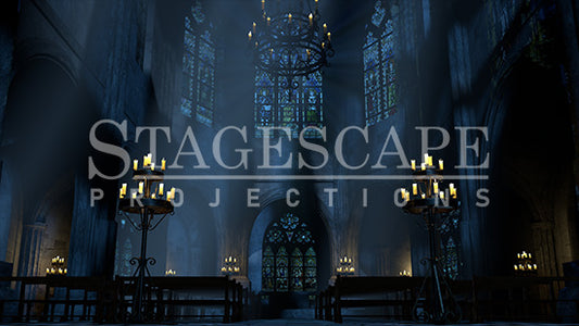 Gothic Cathedral Interior static scenic projection backdrop for & Juliet — towering stone arches, stained glass windows and candlelit pews. Five lighting states from soft and reverent to dramatic. StageScape Projections.