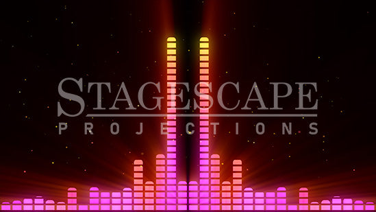 Graphic Equalizer static scenic projection backdrop for & Juliet — bold animated equalizer visual in multiple colour and lighting states. Hand-crafted by StageScape Projections.