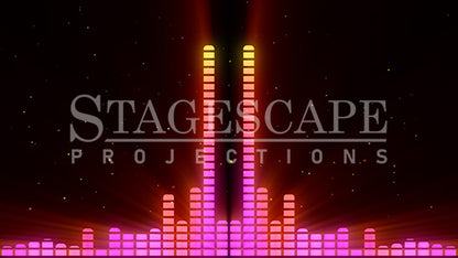 Graphic Equalizer static scenic projection backdrop for & Juliet — bold animated equalizer visual in multiple colour and lighting states. Hand-crafted by StageScape Projections.
