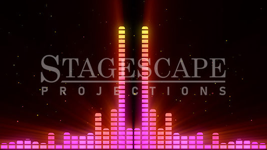 Graphic Equalizer static scenic projection backdrop for & Juliet — bold animated equalizer visual in multiple colour and lighting states. Hand-crafted by StageScape Projections.