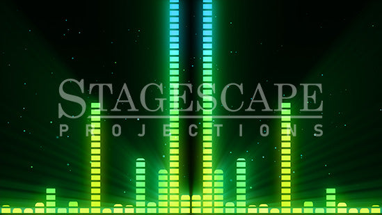 Graphic Equalizer static scenic projection backdrop for & Juliet — bold animated equalizer visual in multiple colour and lighting states. Hand-crafted by StageScape Projections.
