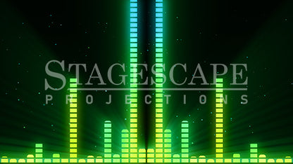 Graphic Equalizer static scenic projection backdrop for & Juliet — bold animated equalizer visual in multiple colour and lighting states. Hand-crafted by StageScape Projections.
