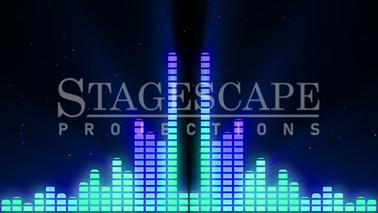 Graphic Equalizer static scenic projection backdrop for & Juliet — bold animated equalizer visual in multiple colour and lighting states. Hand-crafted by StageScape Projections.