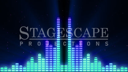 Graphic Equalizer static scenic projection backdrop for & Juliet — bold animated equalizer visual in multiple colour and lighting states. Hand-crafted by StageScape Projections.