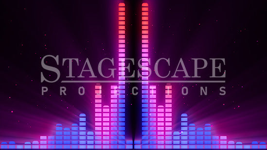Graphic Equalizer static scenic projection backdrop for & Juliet — bold animated equalizer visual in multiple colour and lighting states. Hand-crafted by StageScape Projections.
