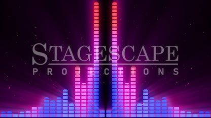 Graphic Equalizer static scenic projection backdrop for & Juliet — bold animated equalizer visual in multiple colour and lighting states. Hand-crafted by StageScape Projections.