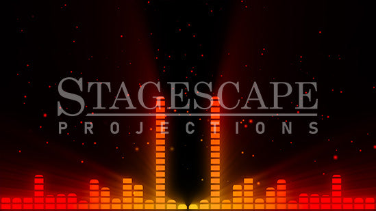 Graphic Equalizer static scenic projection backdrop for & Juliet — bold animated equalizer visual in multiple colour and lighting states. Hand-crafted by StageScape Projections.