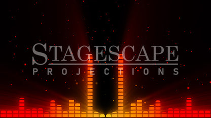 Graphic Equalizer static scenic projection backdrop for & Juliet — bold animated equalizer visual in multiple colour and lighting states. Hand-crafted by StageScape Projections.