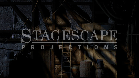 Medieval Theatre Backstage static scenic projection backdrop for & Juliet -authentic backstage theatre environment with multiple lighting states. Hand-crafted by StageScape Projections.
