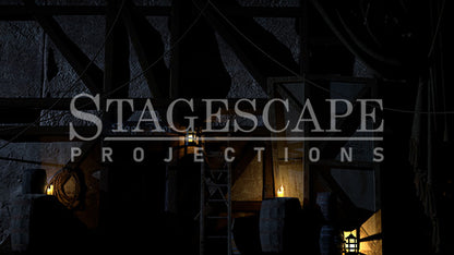 Medieval Theatre Backstage static scenic projection backdrop for & Juliet -authentic backstage theatre environment with multiple lighting states. Hand-crafted by StageScape Projections.