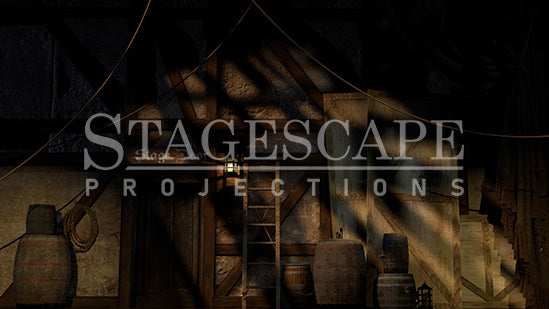 Medieval Theatre Backstage static scenic projection backdrop for & Juliet -authentic backstage theatre environment with multiple lighting states. Hand-crafted by StageScape Projections.
