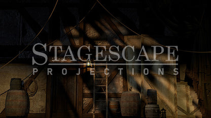 Medieval Theatre Backstage static scenic projection backdrop for & Juliet -authentic backstage theatre environment with multiple lighting states. Hand-crafted by StageScape Projections.