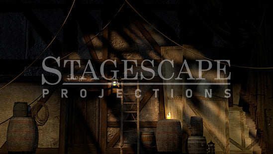 Medieval Theatre Backstage static scenic projection backdrop for & Juliet -authentic backstage theatre environment with multiple lighting states. Hand-crafted by StageScape Projections.